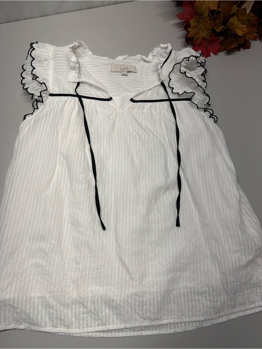 LOFT White Ruffle Sleeve Tie-Front Blouse with Black Trim